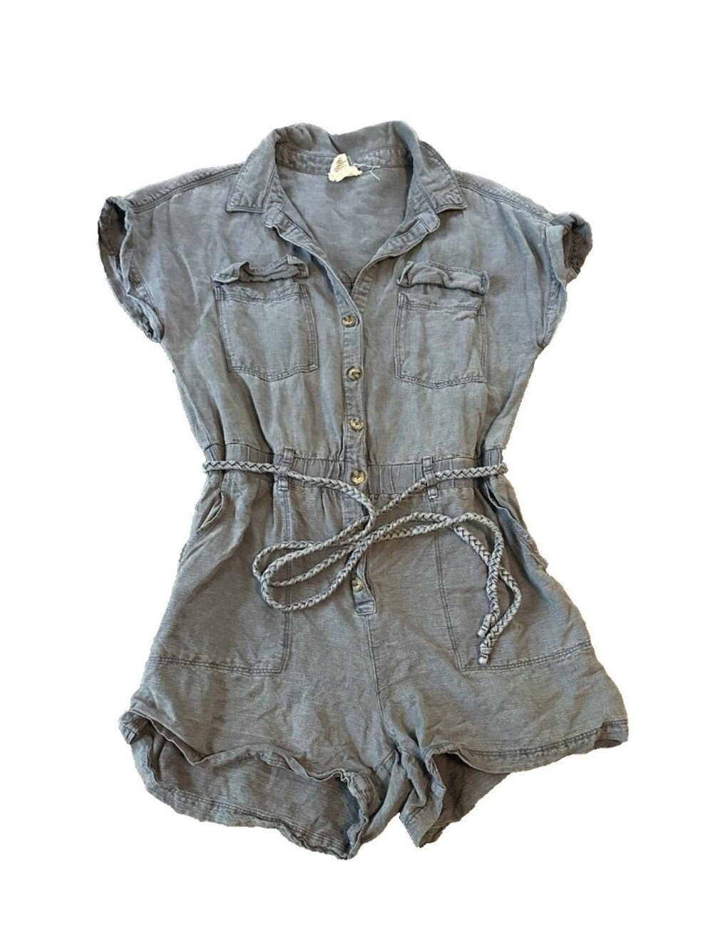Nicole Miller Linen Lyocell Blend Braided Belt Button Front Womens Romper M Blue